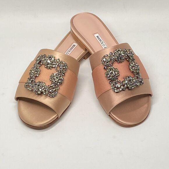 Manolo Blahnik Beige Satin Jewel Buckled Flat Sandals size 37 - Picture 1 of 15